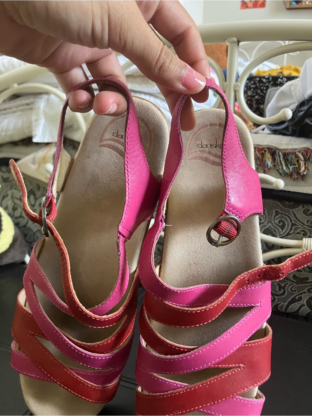 Dansko Pink and Red Two-Tone Leather Wedge Sandals - Picture 3 of 5